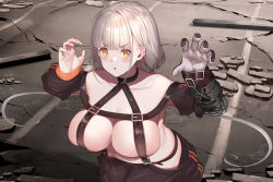 Rule 34 | 1girl, arms up, banitya, belt, blunt bangs, blush, breasts, buckle, choker, collarbone, crack, gloves, highres, large breasts, long hair, looking at viewer, low twintails, mechanical arms, multicolored clothes, multicolored gloves, open mouth, orange eyes, original, pants, revealing clothes, road, silver hair, single glove, single mechanical arm, solo, twintails