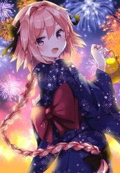 Rule 34 | 1boy, absurdres, astolfo (fate), black bow, black ribbon, blush, bow, fate/apocrypha, fate/grand order, fate (series), fireworks, from behind, gomano rio, hair intakes, highres, japanese clothes, kimono, looking back, male focus, multicolored hair, night, night sky, pink hair, purple eyes, ribbon, sash, sky, smile, solo, streaked hair, yukata