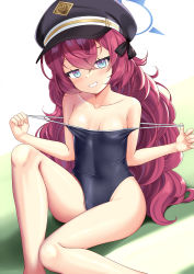 Rule 34 | 1girl, bare arms, bare legs, bare shoulders, black hat, blue archive, blue eyes, blue halo, blue one-piece swimsuit, breasts, clothes pull, collarbone, colored eyelashes, feet out of frame, grin, hair between eyes, half-closed eyes, halo, hands up, hat, highres, iroha (blue archive), knee up, long hair, looking at viewer, niiya, one-piece swimsuit, one-piece swimsuit pull, peaked cap, pulled by self, red hair, sitting, small breasts, smile, solo, strap pull, swimsuit, very long hair, white background