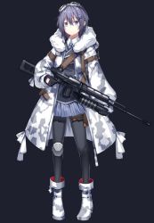 Rule 34 | 1girl, black gloves, black pantyhose, blue eyes, blush, boots, camouflage, camouflage coat, camouflage footwear, closed mouth, coat, collared shirt, commentary request, full body, fur-trimmed coat, fur trim, gloves, goggles, goggles on head, grey background, grey skirt, gun, hair between eyes, hair ornament, hairclip, holding, holding gun, holding weapon, looking at viewer, open clothes, open coat, original, pantyhose, pleated skirt, purple hair, shirt, sidelocks, simple background, skirt, solo, standing, striped clothes, striped skirt, vertical-striped clothes, vertical-striped skirt, weapon, weapon request, white coat, white footwear, white shirt, zhen panxie