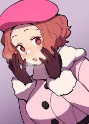 Rule 34 | 1girl, :o, beret, blush, breath, brown eyes, brown gloves, brown hair, buttons, do m kaeru, fur-trimmed jacket, fur-trimmed sleeves, fur trim, gloves, grey background, hat, jacket, long sleeves, looking at viewer, official alternate costume, okumura haru, persona, persona 5, persona 5 the royal, pink hat, pink jacket, short hair, simple background, solo, upper body, winter clothes