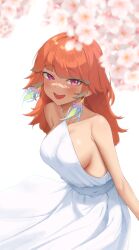 Rule 34 | 1girl, absurdres, alternate costume, bare shoulders, breasts, cherry blossoms, dress, earrings, feather earrings, feathers, highres, hololive, hololive english, jewelry, long hair, looking at viewer, medium breasts, open mouth, orange hair, purple eyes, sideboob, simple background, smile, solo, takanashi kiara, virtual youtuber, white dress, yamashiro a370