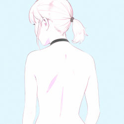 Rule 34 | 1girl, back, back focus, bad id, bad tumblr id, black choker, blue background, choker, commentary request, facing away, from behind, ilya kuvshinov, nude, original, ponytail, short hair, simple background, solo, upper body