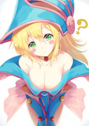 Rule 34 | 1girl, ?, bare shoulders, blonde hair, blue hat, blush stickers, breasts, choker, cleavage, collarbone, dark magician girl, gauntlets, green eyes, hair between eyes, hat, head tilt, igayan, large breasts, leaning forward, long hair, looking at viewer, simple background, solo, star (symbol), upper body, v arms, white background, yu-gi-oh!