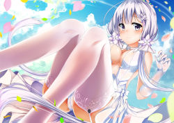 Rule 34 | 1girl, absurdres, alternate costume, alternate hairstyle, azur lane, blue eyes, blue sky, blush, breasts, bridal gauntlets, bridal veil, cleavage, closed mouth, cloud, collarbone, confetti, day, dress, elbow gloves, floating hair, flower, garter straps, gloves, hair flower, hair ornament, hair ribbon, hand up, happy tears, highres, hiragi ringo, illustrious (azur lane), illustrious (morning star of love and hope) (azur lane), knees up, large breasts, long hair, looking at viewer, low twintails, mole, mole under eye, outdoors, panties, petals, ribbon, sitting, sky, smile, solo, sparkle, sun, tears, thighhighs, thighs, tress ribbon, twintails, underwear, veil, wedding dress, white dress, white gloves, white hair, white panties, white thighhighs, wind, wind lift