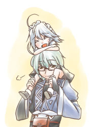 Rule 34 | 1boy, 1girl, aged down, ahoge, braid, bridal gauntlets, carrying, child, closed eyes, glasses, happy, head hug, hug, izayoi sakuya, light smile, long sleeves, maid, maid headdress, meteoride, morichika rinnosuke, open mouth, piggyback, pouch, short hair, shoulder carry, sigh, silver hair, simple background, smile, touhou, twin braids, wide sleeves, yellow background, yellow eyes