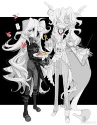 Rule 34 | 2boys, absurdres, androgynous, black background, black footwear, boots, collar, commission, eyepatch, frilled collar, frills, grey pants, hair wings, head wings, highres, long hair, meyou 0319, multiple boys, original, pants, two-tone background, very long hair, white background, white hair, wings