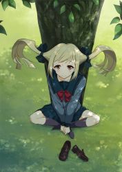 Rule 34 | 10s, 1girl, blonde hair, feet, hands on feet, kneehighs, koujiro frau, no shoes, nyan (themare), robotics;notes, school uniform, shoes, unworn shoes, skirt, socks, solo, themare, twintails, yellow eyes