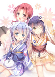 Rule 34 | 3girls, :d, ;q, arm up, blue eyes, blue hair, blush, brown eyes, chimame-tai, closed mouth, commentary request, double bun, floral background, gochuumon wa usagi desu ka?, hair between eyes, hair bun, highres, japanese clothes, jouga maya, kafuu chino, kimono, kimono skirt, long hair, long sleeves, looking at viewer, looking to the side, multiple girls, natsu megumi, natuna natu, obi, one eye closed, open mouth, parted lips, red eyes, red hair, sash, sitting, sleeves past wrists, smile, thighhighs, tippy (gochiusa), tongue, tongue out, twintails, v, white kimono, white legwear, wide sleeves