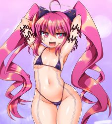 Rule 34 | 1girl, :d, ahoge, animal ear headphones, animal ears, arms behind head, arms up, bemani, bikini, blue pupils, breasts, cat ear headphones, collarbone, cowboy shot, fake animal ears, gluteal fold, grace (sound voltex), gradient background, groin, hair between eyes, halo, headphones, long hair, micro bikini, midriff, navel, open mouth, pink eyes, pink hair, purple bikini, sate hatena, shiny skin, sidelocks, skindentation, small breasts, smile, solo, sound voltex, sound voltex iii gravity wars, swimsuit, thigh gap, thighs, twintails, underboob, v-shaped eyebrows, very long hair