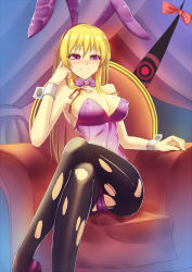 Rule 34 | 1girl, animal ears, black cat ronaldinho, black pantyhose, blonde hair, blush, bow, bowtie, breasts, cameltoe, chair, cleavage, covered erect nipples, crossed legs, curtains, gap (touhou), hair ribbon, hand on own cheek, hand on own face, high heels, large breasts, leotard, long hair, pantyhose, playboy bunny, purple eyes, purple footwear, rabbit ears, ribbon, shoes, sitting, smile, solo, torn clothes, torn pantyhose, touhou, wrist cuffs, yakumo yukari