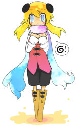 Rule 34 | 1girl, :&lt;, animal ears, bleuzer, blonde hair, blue eyes, blush stickers, boots, knee boots, meili (bleuzer), original, panda ears, scarf, short twintails, shorts, solo, squiggle, twintails
