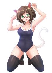 Rule 34 | 1girl, :d, animal ears, armpits, arms up, bare arms, bare shoulders, black thighhighs, blue one-piece swimsuit, blush, breasts, cat ears, cat tail, cleavage, collarbone, competition school swimsuit, fang, full body, glasses, highres, idolmaster, idolmaster cinderella girls, kazenokaze, kemonomimi mode, kneeling, legs apart, looking at viewer, maekawa miku, medium breasts, no shoes, one-piece swimsuit, open mouth, paw pose, red-framed eyewear, school swimsuit, semi-rimless eyewear, short hair, simple background, skindentation, smile, solo, swimsuit, tail, tareme, thighhighs, under-rim eyewear, white background