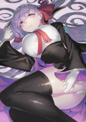 Rule 34 | 1girl, bb (fate), bb (fate/extra), blush, boots, bow, breasts, collar, fate/grand order, fate (series), gloves, highres, jonsun, large breasts, legs folded, long hair, long sleeves, looking at viewer, lying, miniskirt, panties, pantyshot, purple eyes, purple hair, skirt, solo, thighhighs, underwear, white gloves