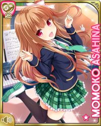 Rule 34 | 1girl, asahina momoko, badge, black thighhighs, blazer, blue jacket, bow, brown hair, button badge, card (medium), character name, day, girlfriend (kari), green skirt, hair bow, hair ribbon, indoors, instrument, jacket, necktie, official art, one side up, open mouth, piano, plaid, plaid skirt, polka dot, polka dot bow, qp:flapper, red eyes, ribbon, school uniform, sheet music, side ponytail, skirt, smile, solo, standing, standing on one leg, thighhighs