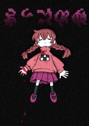Rule 34 | 1girl, batchgooya, black thighhighs, blood, blood drip, blood on clothes, blood on hands, braid, brown hair, closed eyes, closed mouth, expressionless, floating, hair between eyes, highres, long hair, madotsuki, mob face, pink footwear, pink sweater, pleated skirt, print sweater, purple skirt, sandals, skirt, solo, static, sweater, thighhighs, translation request, twin braids, yume nikki
