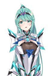 Rule 34 | 1girl, :d, absurdres, breasts, chest jewel, earrings, green eyes, green hair, head tilt, highres, jewelry, large breasts, long hair, open mouth, parted lips, pneuma (xenoblade), ponytail, sarasadou dan, simple background, smile, solo, spoilers, swept bangs, tiara, upper body, very long hair, white background, xenoblade chronicles (series), xenoblade chronicles 2