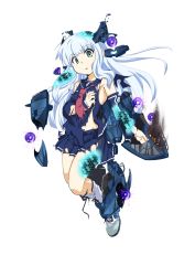 Rule 34 | 1girl, alternate costume, aoki hagane no arpeggio, armpits, blue eyes, blue hair, boots, burning, cross-laced footwear, detached sleeves, full body, highres, iona (aoki hagane no arpeggio), kantai collection, knee boots, lace-up boots, long hair, looking at viewer, matching hair/eyes, notice (kou), open mouth, parody, school uniform, serafuku, shoes, skirt, solo, torn clothes, transparent background, white background, white footwear