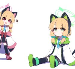 Rule 34 | 2girls, absurdres, animal ear headphones, animal ears, black skirt, black thighhighs, blonde hair, blue archive, blue necktie, blush, bow, cat ear headphones, cat tail, fake animal ears, hair bow, halo, headphones, highres, hood, hooded jacket, jacket, looking ahead, looking at another, midori (blue archive), momoi (blue archive), multiple girls, necktie, o2h2 oh4, outstretched legs, shirt, siblings, sidelocks, simple background, sisters, sitting, skirt, sleeves past fingers, sleeves past wrists, smile, tail, teeth, thighhighs, twins, upper teeth only, white background, white shirt