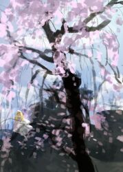 Rule 34 | 1girl, blonde hair, blue sky, cherry blossoms, commentary request, day, dress, fairy, hat, kaigen 1025, lily white, long hair, outdoors, petals, sketch, sky, solo, touhou, tree, white dress, white hat, wings