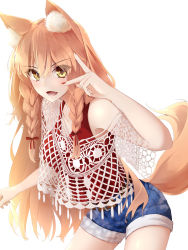 Rule 34 | 1girl, animal ear fluff, animal ears, bare shoulders, belt, blue shorts, blush, braid, breasts, fate/extra, fate/extra ccc, fate/extra ccc fox tail, fate/grand order, fate (series), fox ears, fox girl, fox tail, highres, long hair, looking at viewer, medium breasts, open mouth, orange hair, oriuo q, red tank top, short shorts, shorts, sidelocks, simple background, smile, solo, suzuka gozen (fate), suzuka gozen (under the same sky) (fate), tail, tank top, thighs, twin braids, v, white background, yellow eyes