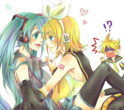 Rule 34 | 1boy, 2girls, aheim, blush, eye contact, hatsune miku, heart, kagamine len, kagamine rin, long hair, looking at another, lowres, multiple girls, open mouth, short hair, twintails, vocaloid, yuri