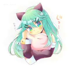 Rule 34 | 1girl, bare shoulders, black ribbon, black sleeves, blush, closed mouth, commentary request, detached sleeves, green eyes, green hair, hair between eyes, hair ornament, hair ribbon, hairclip, hand up, kantai collection, kou hiyoyo, long hair, long sleeves, hugging object, pillow, pillow hug, ponytail, ribbon, smile, solo, translation request, upper body, white background, yamakaze (kancolle)