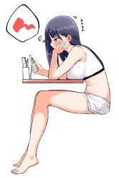 Rule 34 | 1girl, barefoot, black hair, boku no kokoro no yabai yatsu, breast rest, breasts, breasts on table, brown eyes, cosmetics, cup, dolphin shorts, from side, highres, holding, holding lipstick tube, large breasts, lipstick tube, long hair, pen, ruler, shorts, solo, sports bra, table, thought bubble, unai suken, white shorts, white sports bra, yamada anna