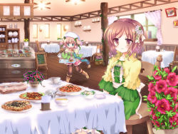 Rule 34 | 2girls, bad id, bad pixiv id, basket, boots, bow, braid, brown eyes, brown footwear, brown hair, brown legwear, cabinet, cafe, cake, capelet, chair, closed mouth, commentary request, cup, day, display case, dress, feet out of frame, flower, food, fork, full body, green bow, green dress, green eyes, hair between eyes, hair bow, highres, hizukiryou, indoors, jug (bottle), lamp, looking at viewer, medium hair, menu, menu board, multiple girls, napkin, napkin holder, open mouth, original, pantyhose, pasta, pink flower, pink hair, pizza, pizza cutter, plate, salad, shelf, short hair, sign, sitting, smile, spaghetti, table, tablecloth, teacup, two side up, wall lamp, window, yellow capelet
