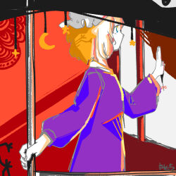 Rule 34 | 1girl, 3ma can omochi, blonde hair, blue eyes, character request, check character, collared dress, colored skin, commentary request, cowboy shot, crescent moon, disembodied eye, dress, from side, hand on wall, hand up, hat, highres, holding, holding pole, long sleeves, looking ahead, maribel hearn, mob cap, moon, no mouth, pole, profile, puffy long sleeves, puffy sleeves, purple dress, red ribbon, ribbon, short hair, signature, solo, star (symbol), touhou, white hat, white skin