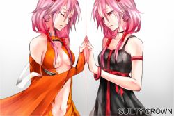 Rule 34 | 10s, 1girl, agepan, bare shoulders, breasts, center opening, cleavage, detached sleeves, dress, dual persona, elbow gloves, closed eyes, fingerless gloves, gloves, guilty crown, hair ornament, hairclip, long hair, navel, open mouth, pink hair, red eyes, solo, twintails, yuzuriha inori