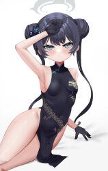 Rule 34 | 1girl, arm support, armpits, ass, bare legs, bed sheet, black dress, black gloves, black hair, blue archive, butterfly hair ornament, china dress, chinese clothes, commentary request, double bun, dress, gloves, grey eyes, hair between eyes, hair bun, hair ornament, halo, highres, kisaki (blue archive), long hair, looking at viewer, lying, on side, side slit, sidelocks, simple background, sleeveless, sleeveless turtleneck, solo, thighs, turtleneck, twintails, ziz (pandora707)