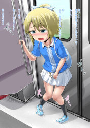 Rule 34 | 1girl, backpack, bag, blonde hair, blue hair, blush, bow, character request, child, copyright request, female focus, full body, hair bow, have to pee, homare (suzu no oka), japanese text, knees together feet apart, open mouth, polka dot, polka dot bow, ponytail, shoes, skirt, sneakers, socks, solo, standing, tears, train interior, translation request, trembling
