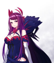 Rule 34 | 1girl, bare shoulders, blue dress, breasts, cleavage, collarbone, dress, elbow gloves, female focus, fire emblem, fire emblem engage, gloves, highres, ivy (fire emblem), large breasts, long hair, looking at viewer, matching hair/eyes, nintendo, purple eyes, purple hair, shinae, short sleeves, smile, solo, upper body, very long hair, white gloves