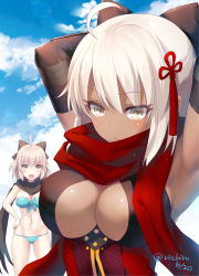 Rule 34 | 2girls, ahoge, armpits, arms up, bad id, bad pixiv id, bikini, breasts, cleavage, cleavage cutout, clothing cutout, cloud, cloudy sky, commentary, commentary request, dark-skinned female, dark skin, day, elbow gloves, fate/grand order, fate (series), front-tie bikini top, front-tie top, gloves, grey eyes, hair ornament, hands on own hips, large breasts, looking at viewer, multiple girls, nichiru, okita souji (fate), okita souji (koha-ace), okita souji alter (fate), okita souji alter (first ascension) (fate), scarf, short hair, sky, sweat, swimsuit, tassel, upper body, white hair