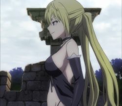 Rule 34 | 1girl, breasts, dress, from side, highres, large breasts, lieselotte sherlock, long hair, midriff, purple eyes, sideboob, smile, solo, stitched, third-party edit, thong, trinity seven, twintails