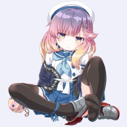 Rule 34 | 1girl, black thighhighs, blue neckerchief, blue ribbon, blue sailor collar, blue skirt, blush, buttons, closed mouth, clothes writing, commentary request, dd (ijigendd), full body, gradient hair, hat, highres, jacket, kantai collection, long hair, long sleeves, looking at viewer, multicolored hair, neckerchief, orange hair, pleated skirt, puffy short sleeves, puffy sleeves, purple eyes, purple hair, ribbon, sailor collar, sailor hat, school uniform, serafuku, shoes, short sleeves, sidelocks, simple background, sitting, skirt, solo, thighhighs, tsushima (kancolle), white hat