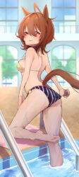 Rule 34 | 1girl, absurdres, agnes tachyon (umamusume), ahoge, alternate costume, animal ears, ass, bare shoulders, barefoot, bikini, blurry, blurry background, blush, breasts, brown hair, commentary request, feet, gorioshi0802, highres, horse ears, horse girl, horse tail, indoors, looking at viewer, medium breasts, o-ring, o-ring bottom, partially submerged, pool ladder, poolside, red eyes, smile, solo, standing, standing on one leg, swimsuit, tail, umamusume, water