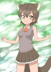 Rule 34 | 10s, 1girl, absurdres, ascot, bad id, bad pixiv id, blurry, blurry background, brown hair, commentary, extra ears, fossa (kemono friends), fossa ears, fossa tail, frilled skirt, frills, hair between eyes, highres, kemono friends, looking at viewer, orange ascot, pleated skirt, shiraha maru, short hair, skirt, sleeveless, smile, solo, yellow eyes