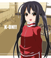 Rule 34 | 1girl, beniboshi, black hair, brown eyes, female focus, k-on!, long hair, nakano azusa, no nose, solo, track suit, twintails