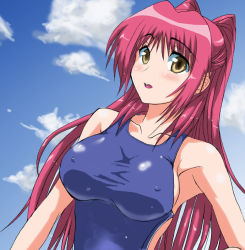 Rule 34 | 1girl, breasts, brown eyes, competition swimsuit, covered erect nipples, dutch angle, female focus, kousaka tamaki, large breasts, long hair, one-piece swimsuit, outdoors, red hair, sky, solo, swimsuit, tekuni amane, to heart (series), to heart 2, twintails