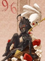 Rule 34 | 1boy, astral, black hair, black theme, blue theme, brown theme, chocolate, cream, dark persona, dessert, earrings, food, fruit, gem, gold, jewelry, male focus, red theme, silver, sitting, smirk, solo, strawberry, sweets, yellow eyes, yu-gi-oh!
