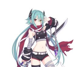 Rule 34 | 1girl, anna (princess connect!), belt, blue hair, heterochromia, holding, holding sword, holding weapon, long hair, official art, princess connect!, red eyes, scarf, short shorts, shorts, sword, torn clothes, torn scarf, transparent background, weapon, white belt, yellow eyes