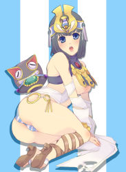 Rule 34 | 00s, ancient princess menace, ankle lace-up, ass, black hair, blue eyes, breasts, cross-laced footwear, crown, curvy, high heels, jewelry, large breasts, mechi, menace (queen&#039;s blade), menace (queen's blade), panties, queen&#039;s blade, sandals, setra, shoes, short hair, solo, striped clothes, striped panties, underwear