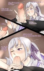 Rule 34 | 1girl, absurdres, asta (black clover), black clover, cicimart18, english text, fellatio, hand on penis, highres, large penis, noelle silva, oral, penis, purple eyes, silver hair, twintails, uncensored