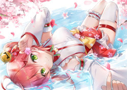 Rule 34 | absurdres, ahoge, bell, breasts, bridal garter, cherry blossom print, cherry blossoms, detached sleeves, floral print, ginn (hzh770121), green eyes, hair bell, hair between eyes, hair ornament, hairclip, highres, hololive, looking at viewer, lying, lying on water, pink hair, sakura miko, sakura miko (1st costume), single thighhigh, solo, thighhighs, upside-down, virtual youtuber, water, white thighhighs, x hair ornament