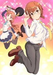 :q apron belt bespectacled black_pants black_thighhighs breast_pocket brown_belt brown_eyes brown_footwear brown_hair commentary_request cosplay dragon_horns dress elbow_gloves frying_pan glasses gloves hair_ornament hairpin holding holding_frying_pan horns kobayashi-san_chi_no_maidragon kobayashi_(maidragon) kobayashi_(maidragon)_(cosplay) long_hair low_ponytail maid_apron maid_headdress medium_hair misaka_mikoto navel necktie pants partially_unbuttoned pocket raika9 shirai_kuroko shirt simple_background sleeveless sleeveless_dress thighhighs toaru_kagaku_no_railgun toaru_majutsu_no_index tohru_(maidragon) tohru_(maidragon)_(cosplay) tongue tongue_out twintails white_gloves white_shirt yellow_necktie