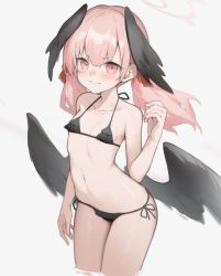 Rule 34 | 1girl, bare arms, bare shoulders, bikini, black bikini, black wings, blue archive, blush, closed mouth, collarbone, commentary request, cowboy shot, flat chest, hagi (ame hagi), hair between eyes, hair ribbon, halo, halterneck, hand up, head wings, highres, koharu (blue archive), long hair, looking at viewer, navel, paid reward available, pink eyes, pink hair, red ribbon, ribbon, side-tie bikini bottom, simple background, solo, standing, stomach, string bikini, swimsuit, thighhighs, twintails, v-shaped eyebrows, white background, wings