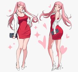 Rule 34 | 1girl, ass, breasts, cropped jacket, dress, earrings, fire emblem, fire emblem: three houses, full body, grin, hand on own hip, heart, high heels, hilda valentine goneril, jacket, jewelry, large breasts, long hair, looking at viewer, multiple views, nintendo, open mouth, pearl earrings, pink eyes, pink hair, pink nails, red dress, short dress, side slit, simple background, smile, thighs, twintails, white footwear, white jacket, women&#039;s wallet, zedoraart