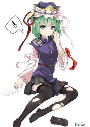 Rule 34 | 1girl, absurdres, angry, black footwear, blouse, blue eyes, damaged, enma (mythology), frills, green hair, grimace, hand up, hat, highres, kaoshuzi, long sleeves, looking at viewer, mary janes, ribbon, shiki eiki, shirt, shoes, simple background, skirt, solo, thighhighs, torn clothes, torn thighhighs, touhou, vest, white background